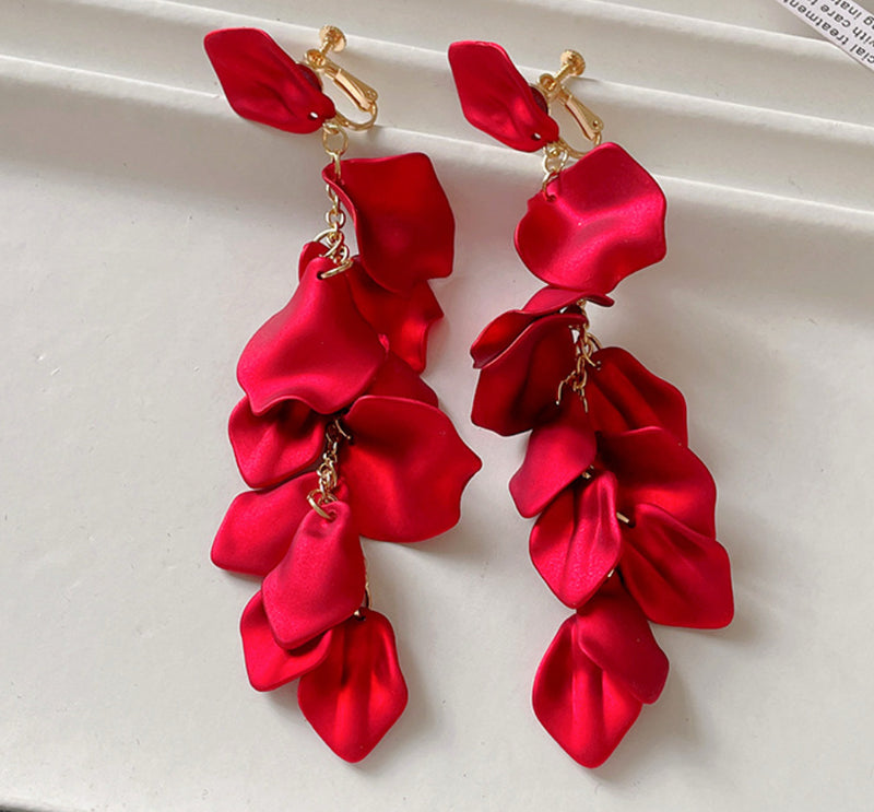 Clip on 5 1/4" Xlong gold chain flower shiny red petal dangle earrings