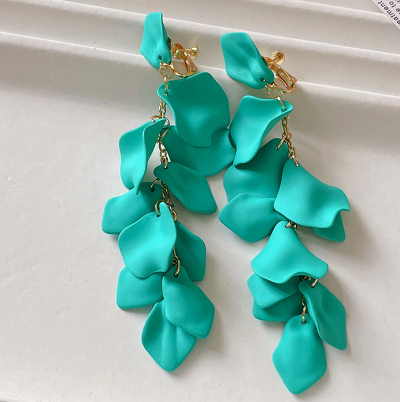 Clip on 5 1/4" XXlong gold chain turquoise petal dangle earrings (Copy)