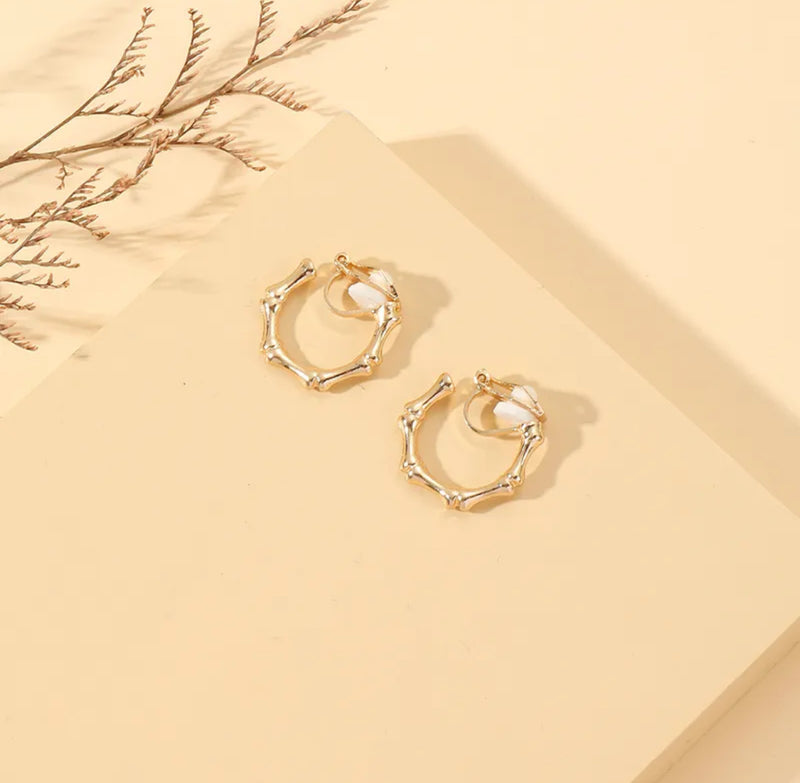 Clip on 3/4" small gold open back bamboo hoop earrings