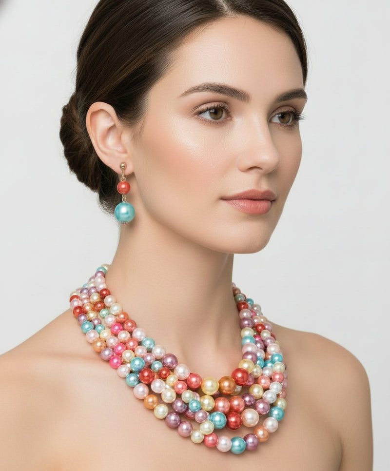 Clip on gold and pink multi colored five strand pearl beaded necklace set