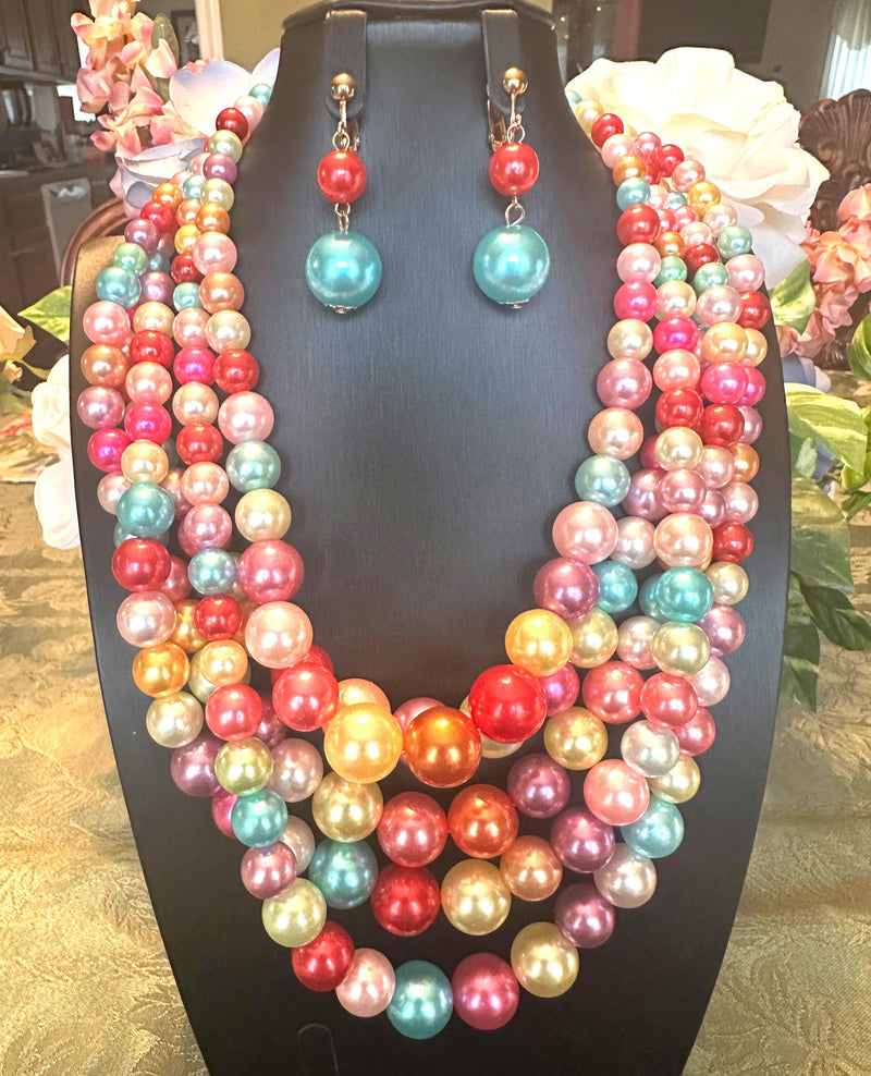 Clip on gold and pink multi colored five strand pearl beaded necklace set