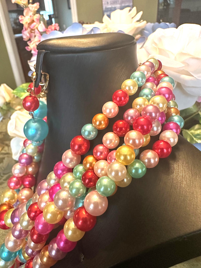 Clip on gold and pink multi colored five strand pearl beaded necklace set