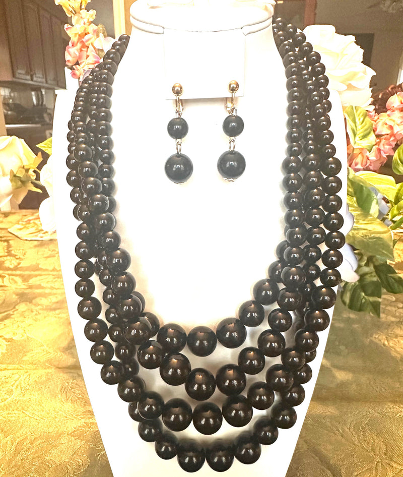 Clip on gold and pink multi colored five strand pearl beaded necklace set