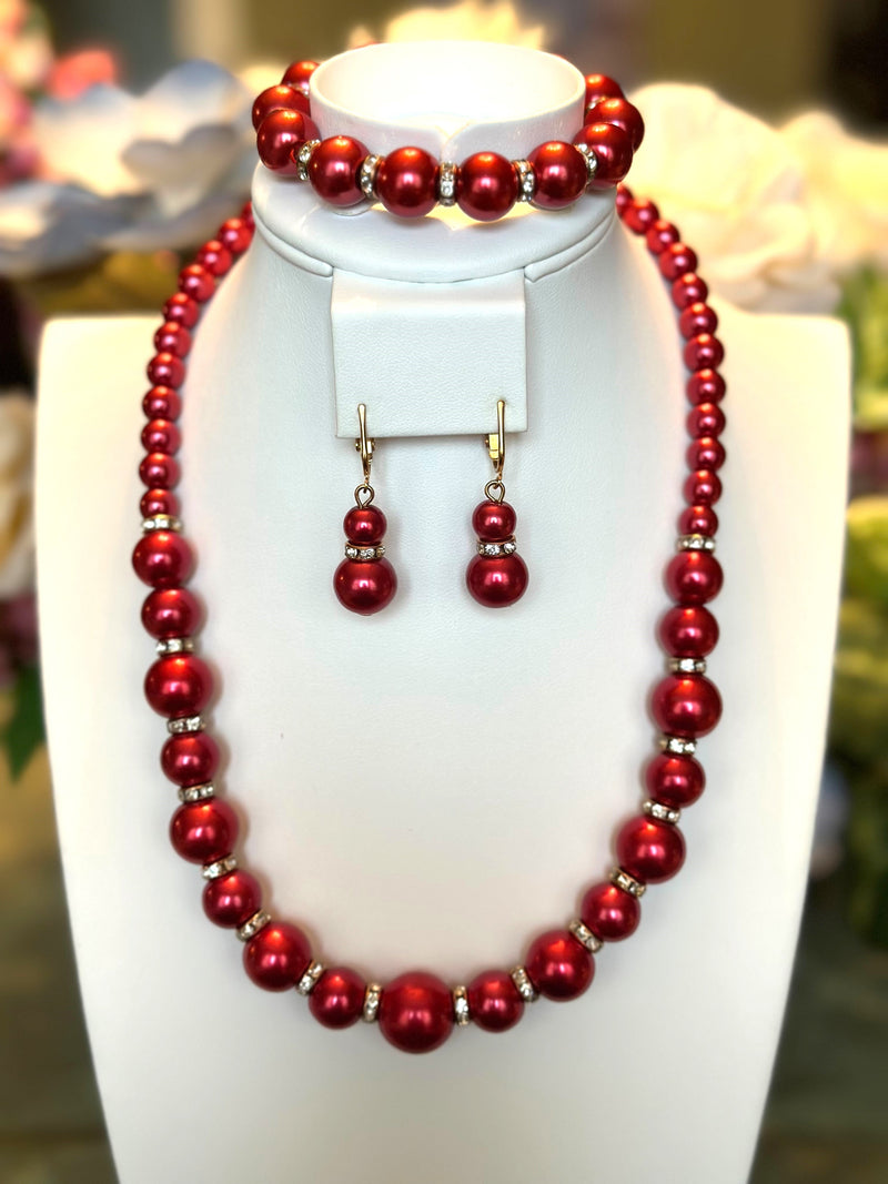 Clip on gold and pink multi colored five strand pearl beaded necklace set