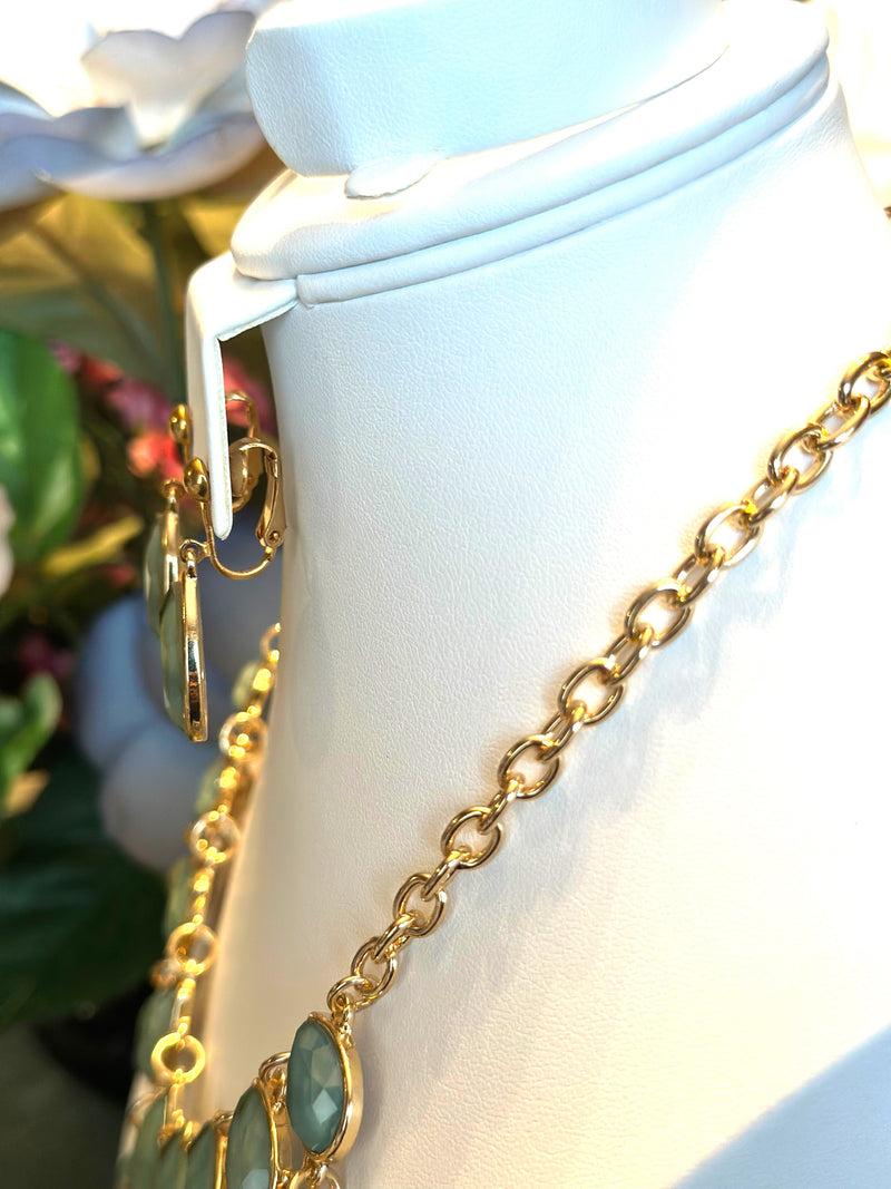 Clip on gold chain and blue teardrop stone statement necklace and earring set
