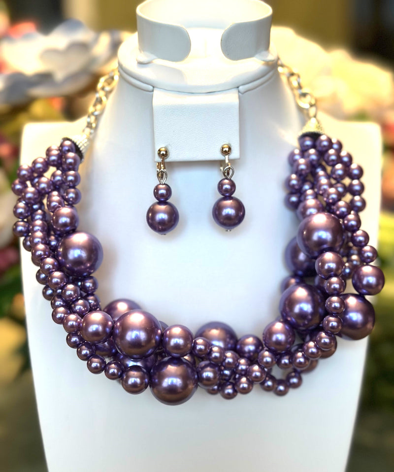 Clip on gold and pink multi colored five strand pearl beaded necklace set