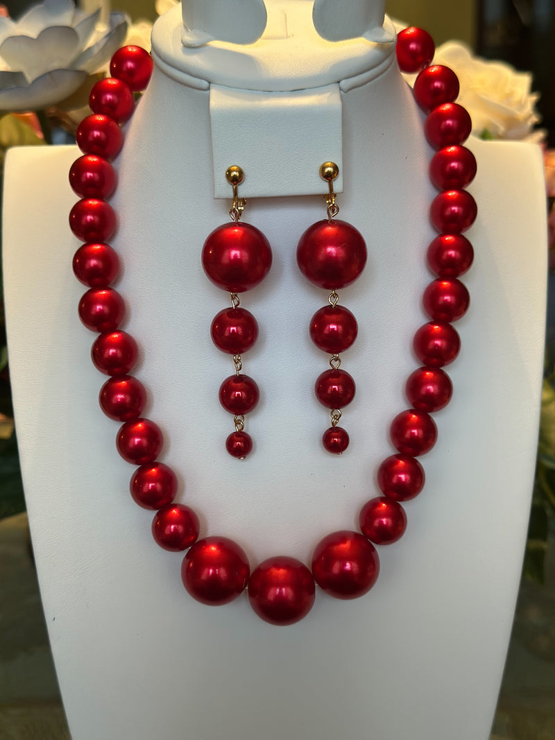 Clip on gold and pink multi colored five strand pearl beaded necklace set