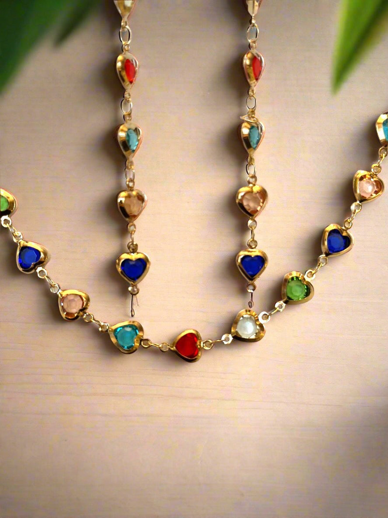 3PC-Clip on gold & multi colored stone heart set