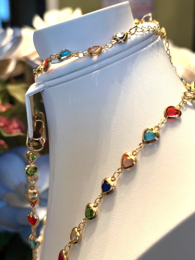 3PC-Clip on gold & multi colored stone heart set