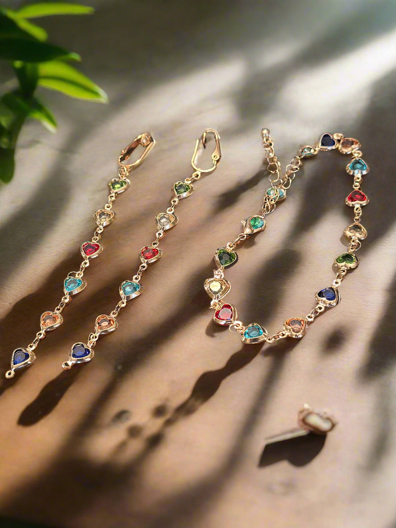 3PC-Clip on gold & multi colored stone heart set