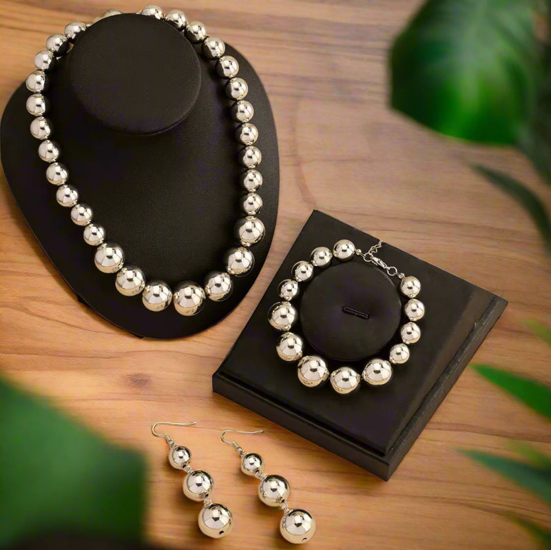 Pierced long silver, multi colored wood bead necklace and earring set