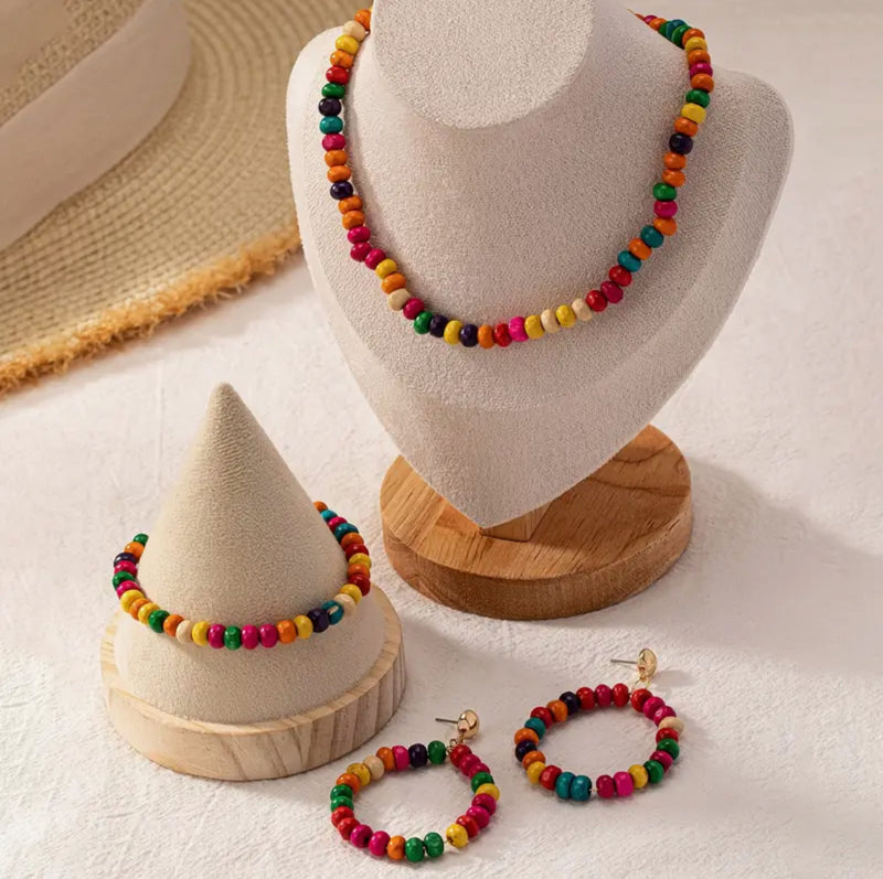 Pierced long silver, multi colored wood bead necklace and earring set