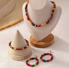 Pierced long silver, multi colored wood bead necklace and earring set