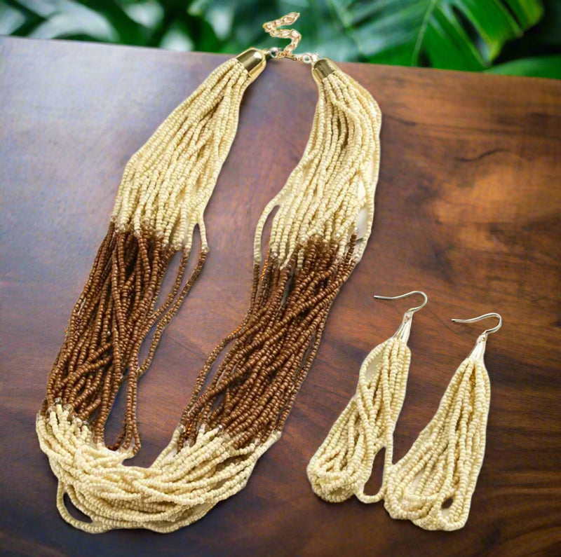 Pierced long silver, multi colored wood bead necklace and earring set