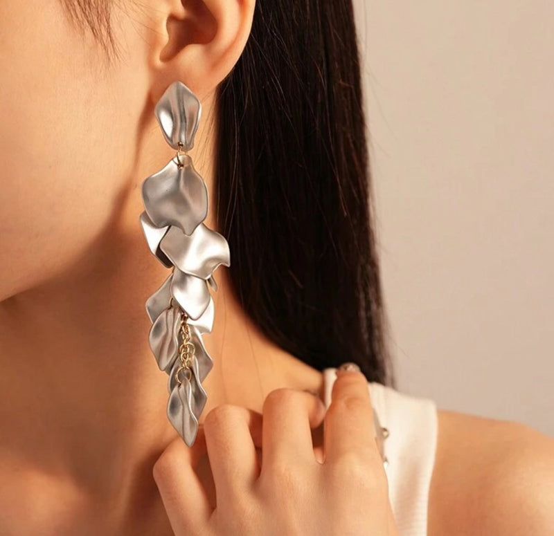 Clip on 5" XXlong gold and matte silver petal dangle earrings