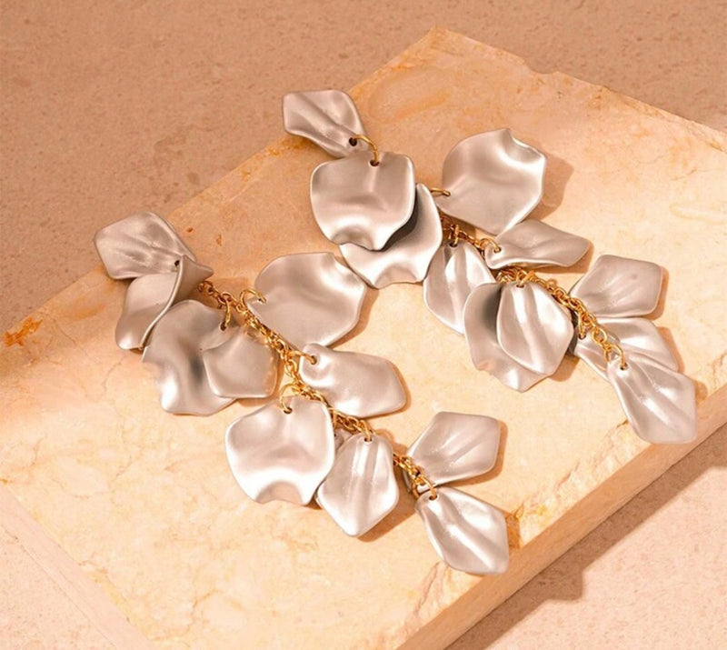 Clip on 5" XXlong gold and matte silver petal dangle earrings