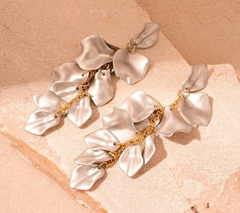 Clip on 5" XXlong gold and matte silver petal dangle earrings