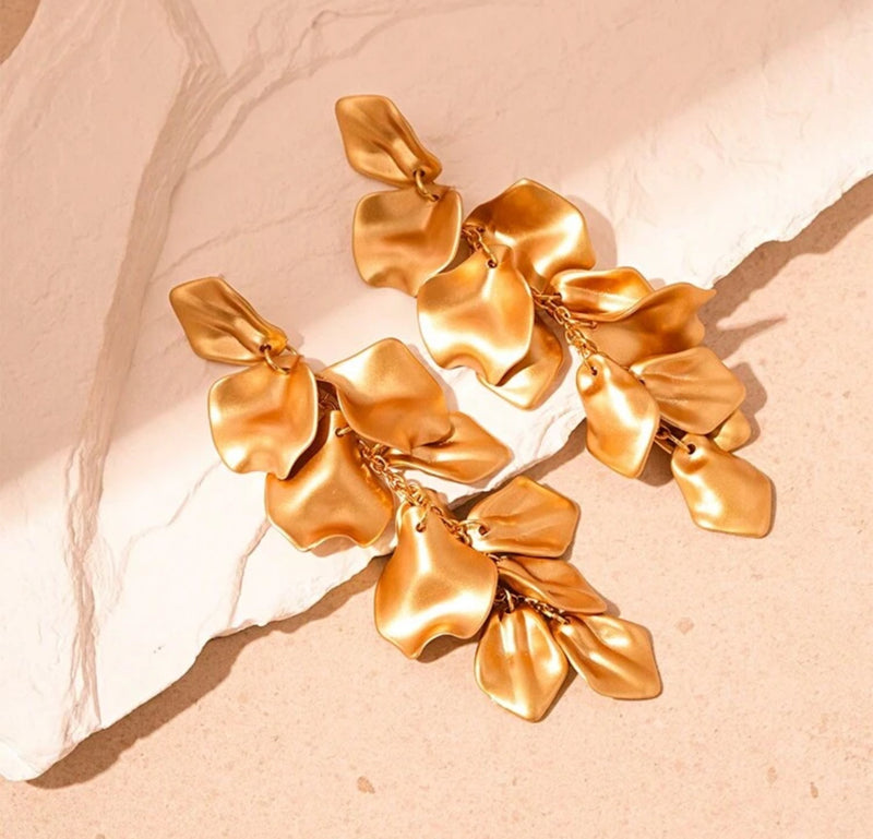 Pierced 5" XXlong gold chain with matte gold petal dangle earrings