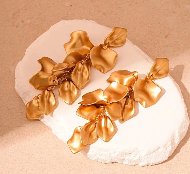 Pierced 5" XXlong gold chain with matte gold petal dangle earrings