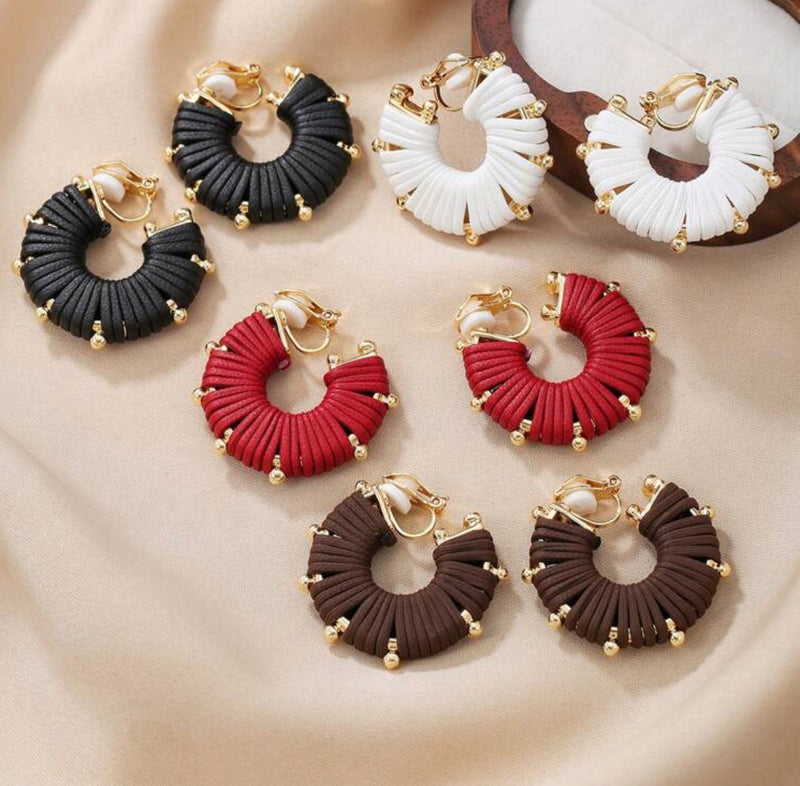 Clip on 1" gold ball edge and brown leather wrapped hoop earrings