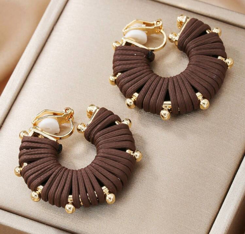 Clip on 1" gold ball edge and brown leather wrapped hoop earrings