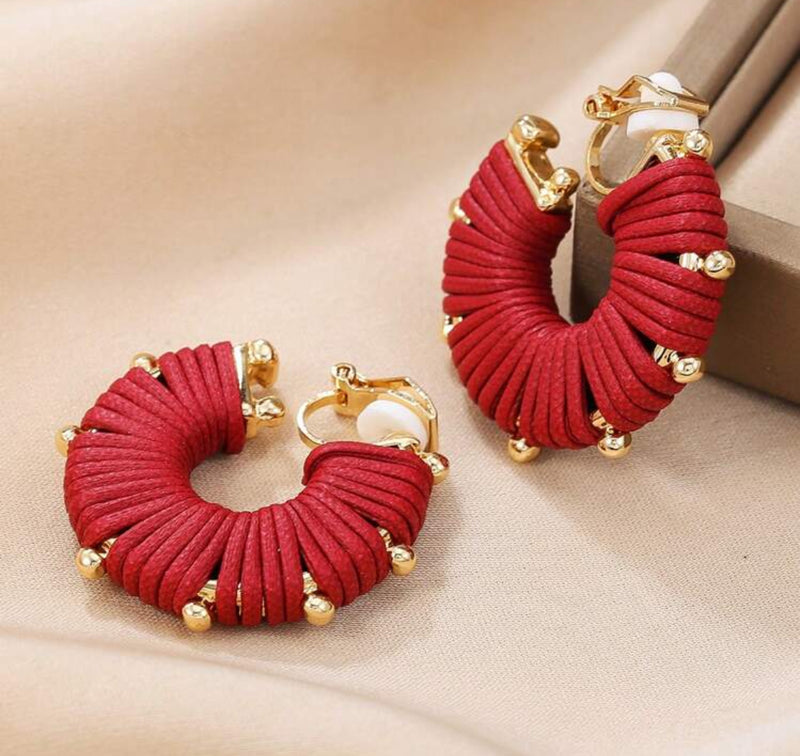 Clip on 1" gold ball edge and red leather wrapped hoop earrings