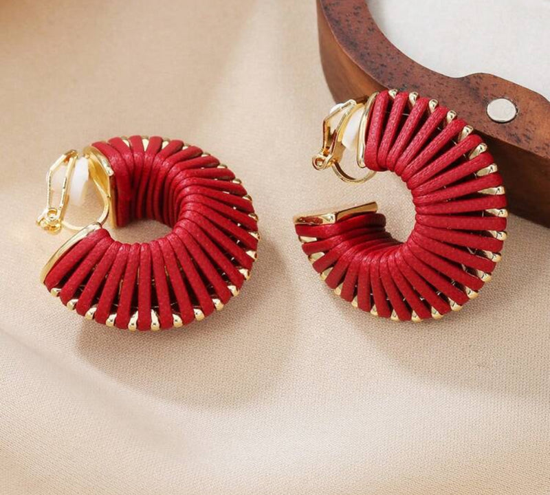Clip on 1 1/4" gold and red leather wrapped wide hoop earrings