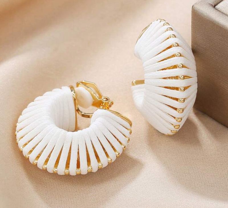 Clip on 1 1/4" gold and white leather wrapped wide hoop earrings