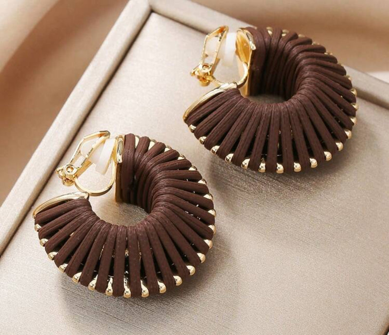 Clip on 1 1/4" gold and brown leather wrapped wide hoop earrings