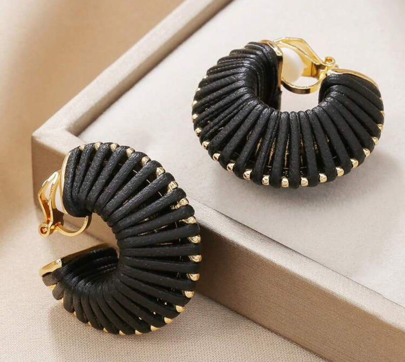 Clip on 1 1/4" gold and black leather wrapped wide hoop earrings
