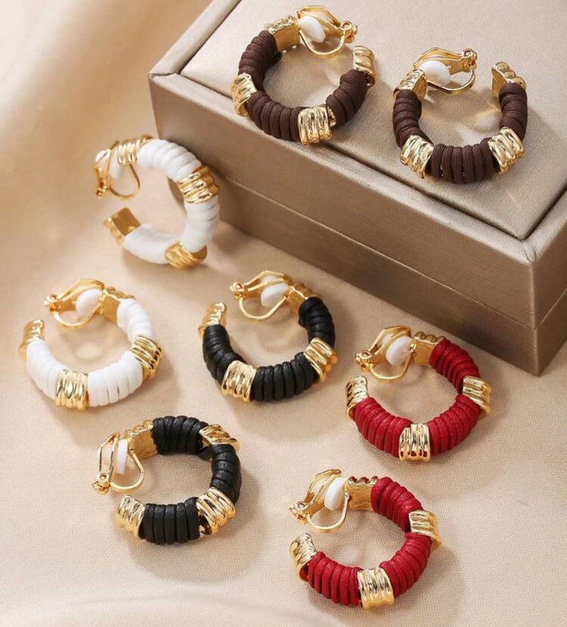 Clip on 1" indented gold and brown leather wrapped hoop earrings