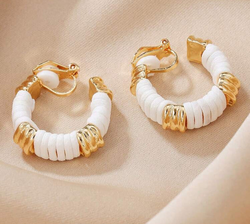 Clip on 1" indented gold and white leather wrapped hoop earrings