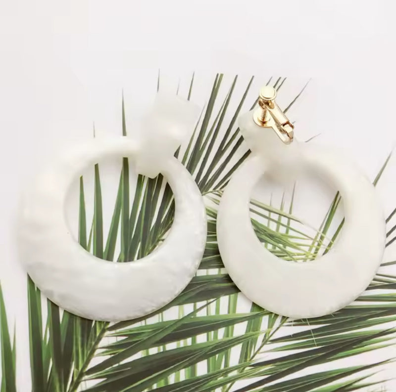 Classy 3" clip on large dangle gold and white textured hoop earrings