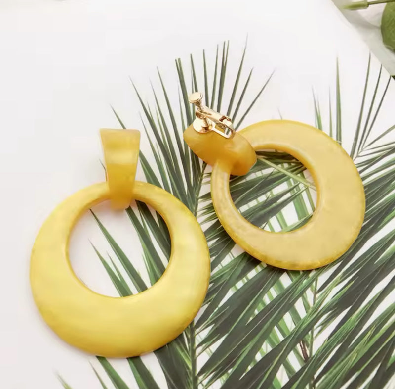 Classy 3" Xlarge clip on dangle gold and yellow hoop earrings