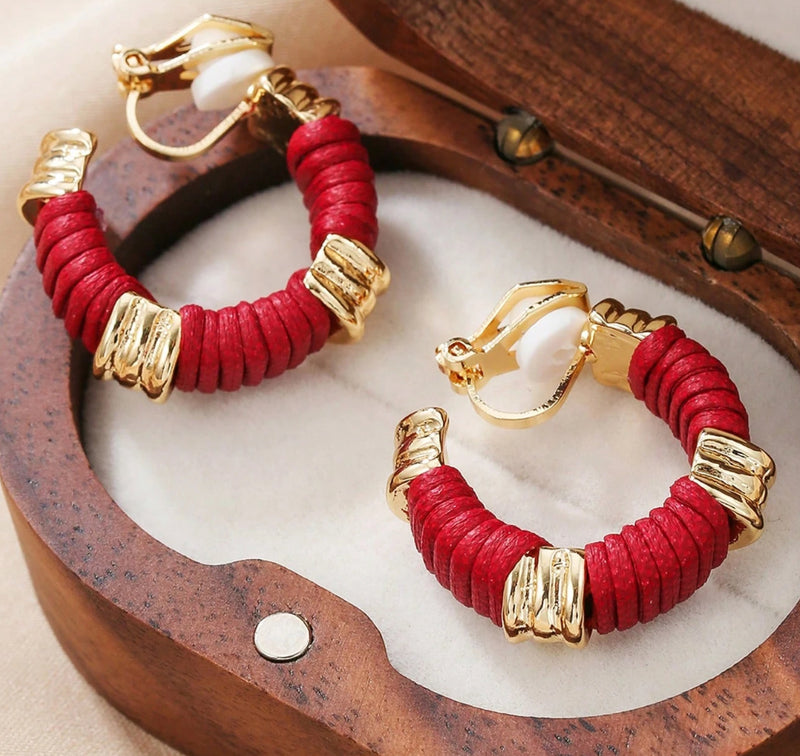 Clip on 1" indented gold and red leather wrapped hoop earrings