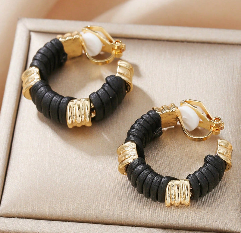 Clip on 1" indented gold and black leather wrapped hoop earrings