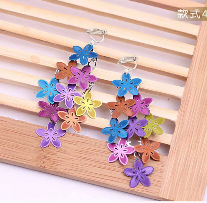 Clip on 2 3/4" silver, multi colored layered flower dangle earrings