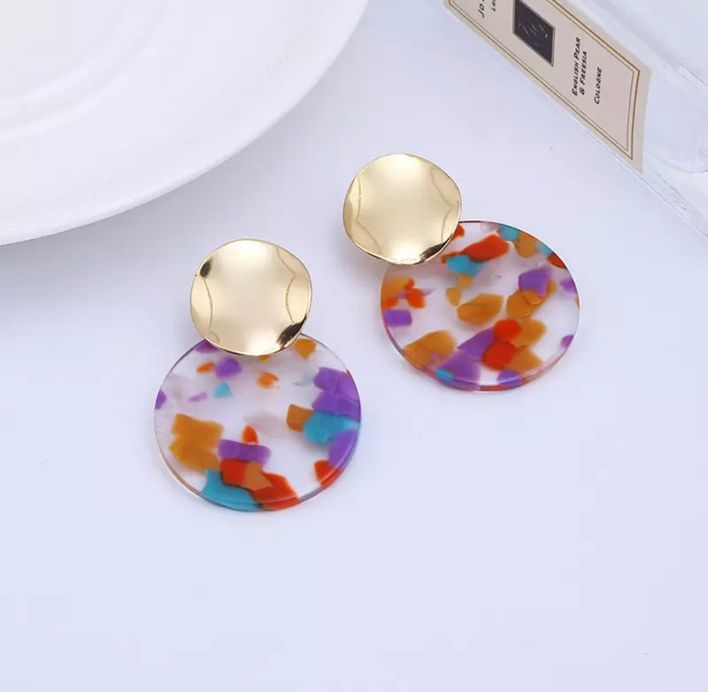 Clip on 1 3/4" gold clear multi colored plastic circle earrings