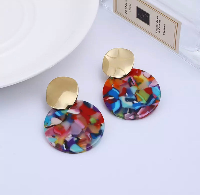 Clip on 1 3/4" gold, red multi colored plastic circle earrings