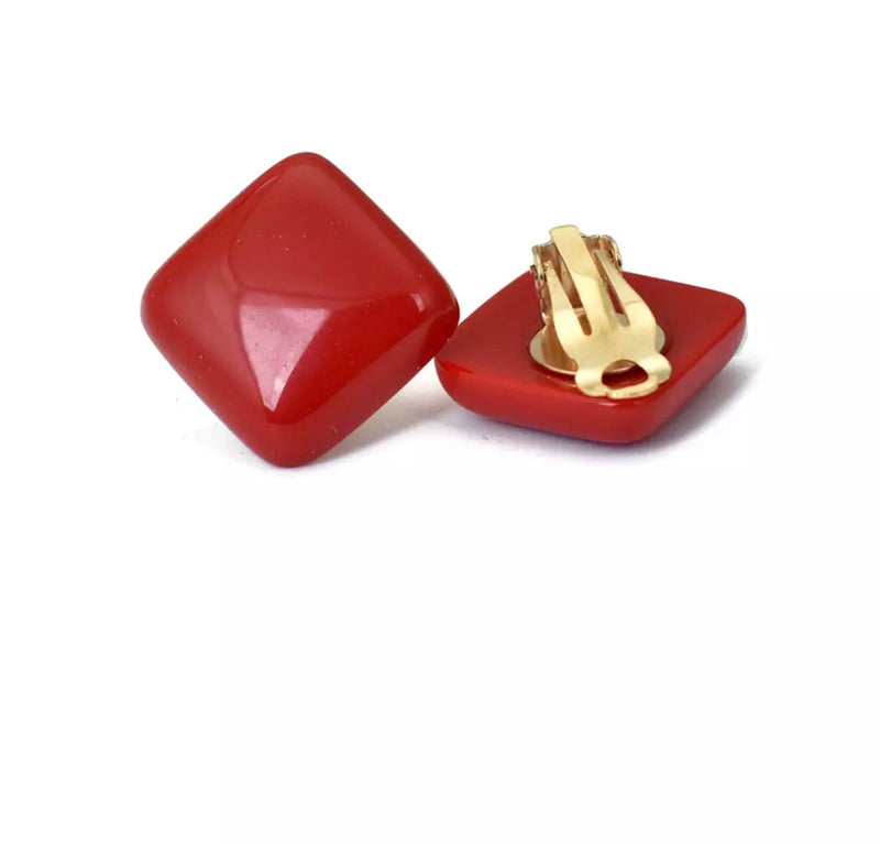 Clip on 1" gold and hard plastic red square button style earrings