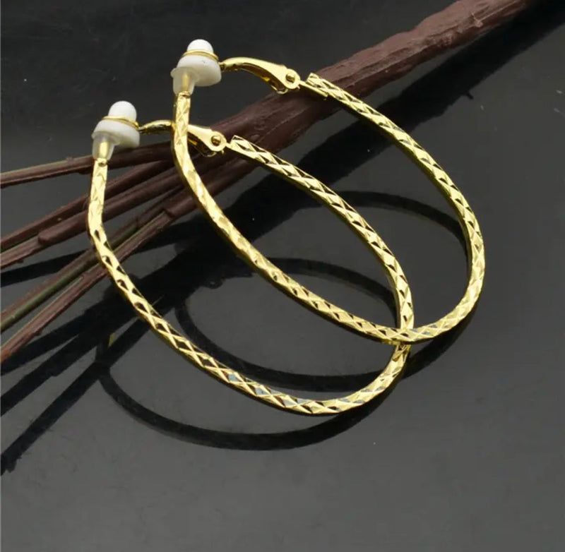 Trendy clip on 2" gold or silver U-shaped textured hoop earrings