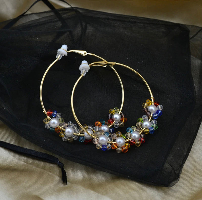 Trendy clip on 2" gold hoop earrings with pearls and multi colored beads