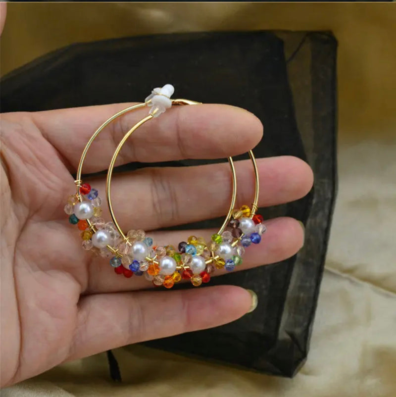 Trendy clip on 2" gold hoop earrings with pearls and multi colored beads