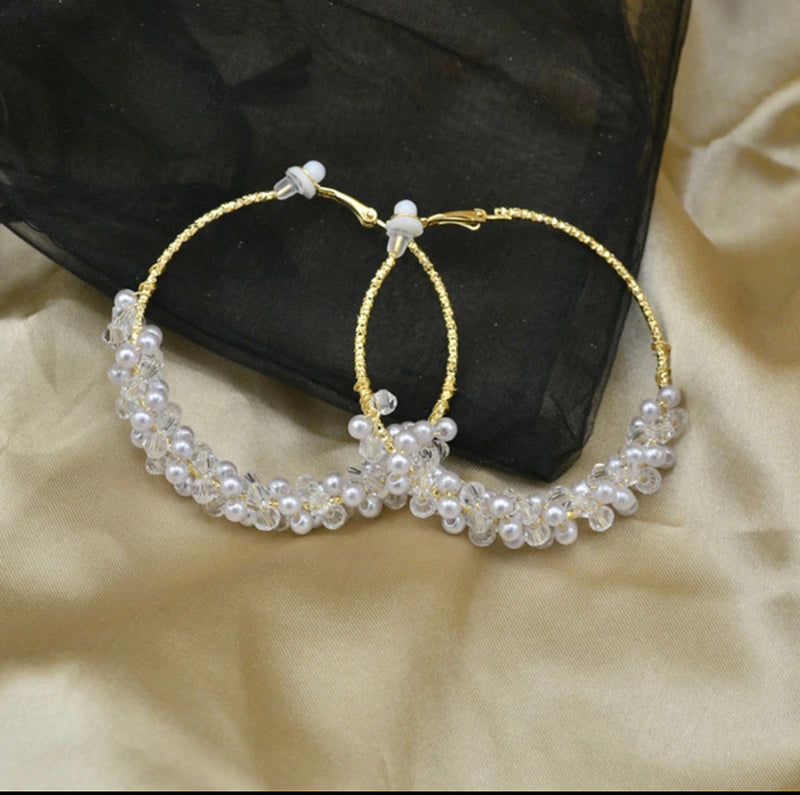 Unique clip on 2 1/4" gold white pearl and clear bead twisted hoop earrings