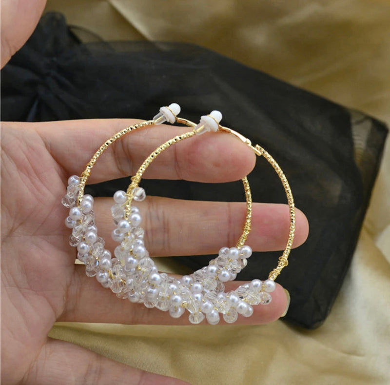 Unique clip on 2 1/4" gold white pearl and clear bead twisted hoop earrings