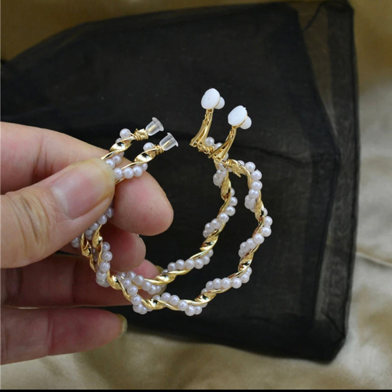 Unique 2" clip on gold and small white pearl twisted hoop earrings