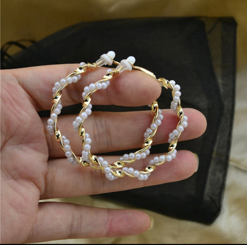 Unique 2" clip on gold and small white pearl twisted hoop earrings