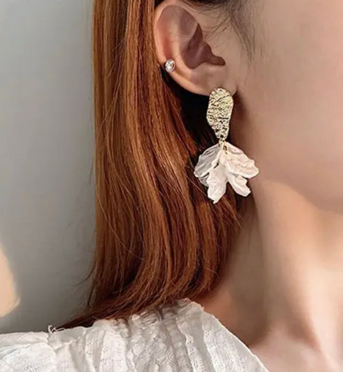 Clip on 2 1/4" textured gold and white fluorescent leaf cluster earrings