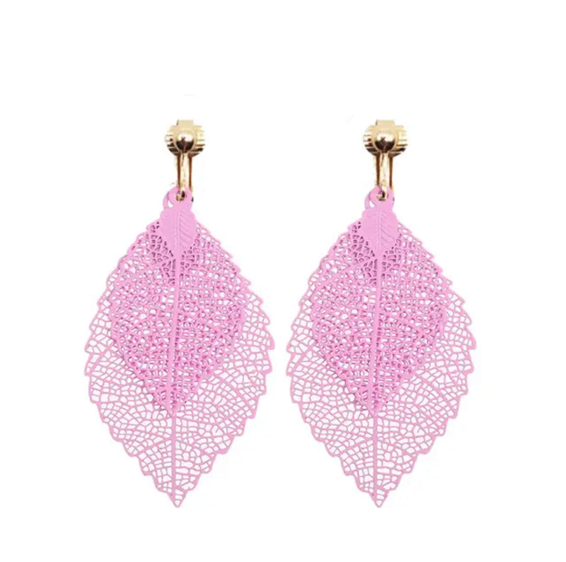 Trendy 2 3/4" clip on pink double leaf style dangle earrings