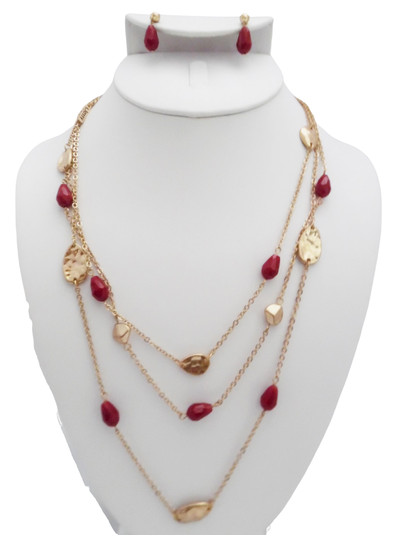 Pierced antique gold chain and red bead three strand necklace and earring set